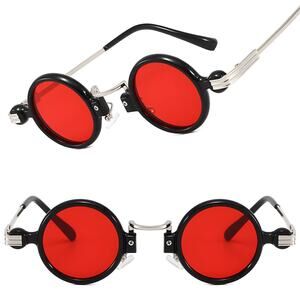 Ribbed Side Accents Bold Retro Red Lens Unisex Black & Silver Round Sunglasses